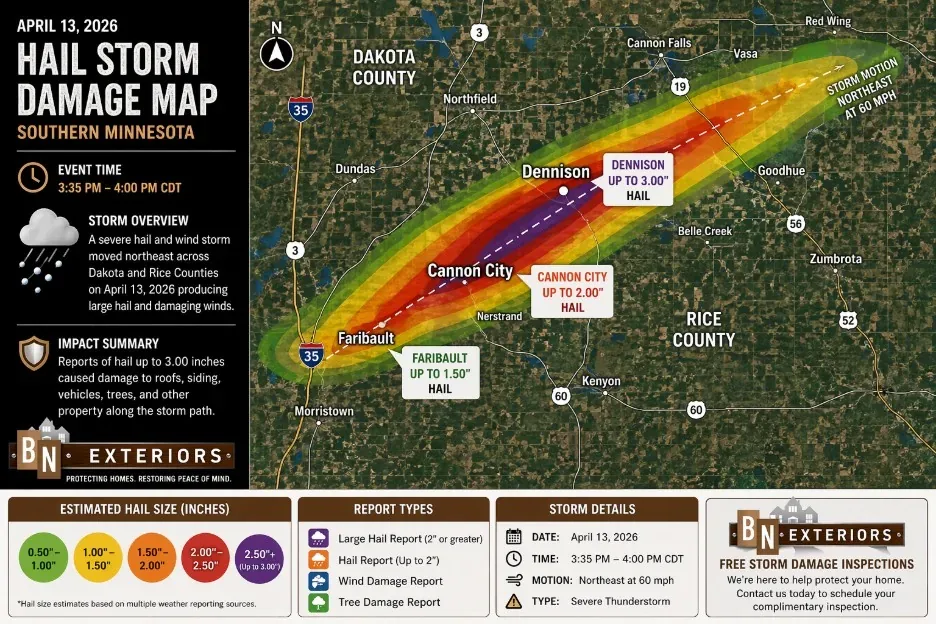 Hail damage map for the April 13, 2026 storm