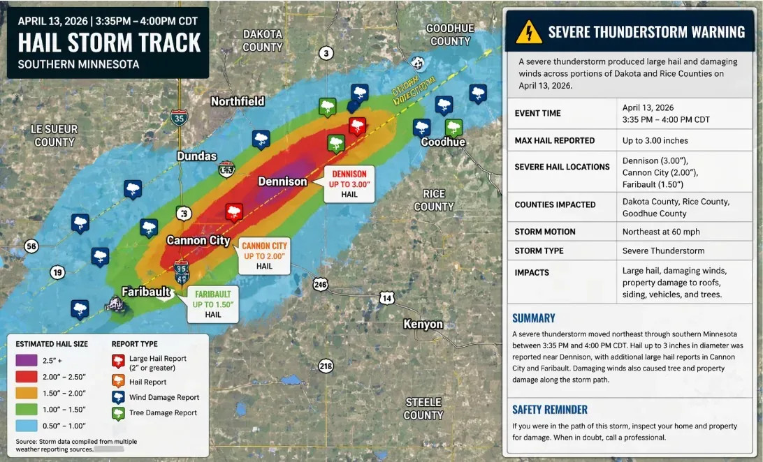 Map of the April 13, 2026 hail storm track through Rice and Dakota County