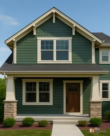 Craftsman home with dark green LP SmartSide siding and stone base