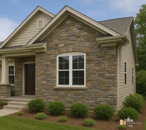 Home entry with stone veneer at the base and lap siding above