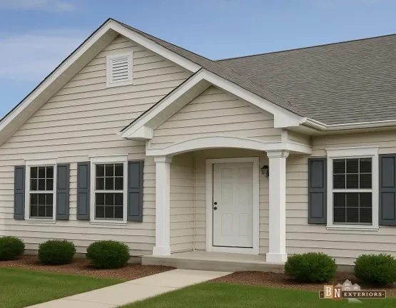 Home with cream vinyl lap siding, white trim and blue shutters