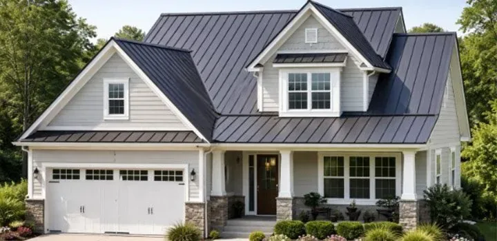 Craftsman-style home with a black standing seam metal roof