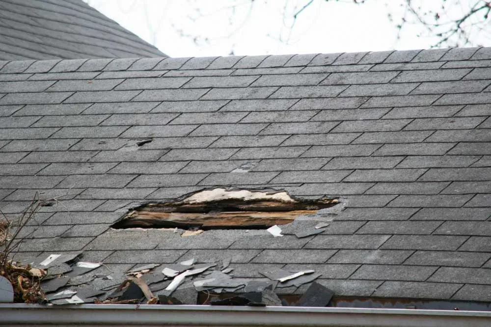 Residential roof with multiple layers and missing shingles after wind damage