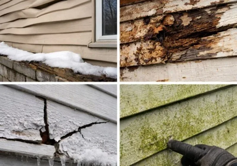Collage of damaged siding: warped panels, rot behind siding, ice dams and mold
