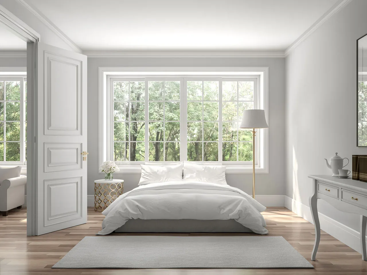 Bright bedroom with a large new window and white trim