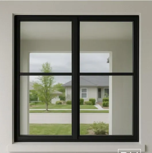 Black-framed picture window with a yard view